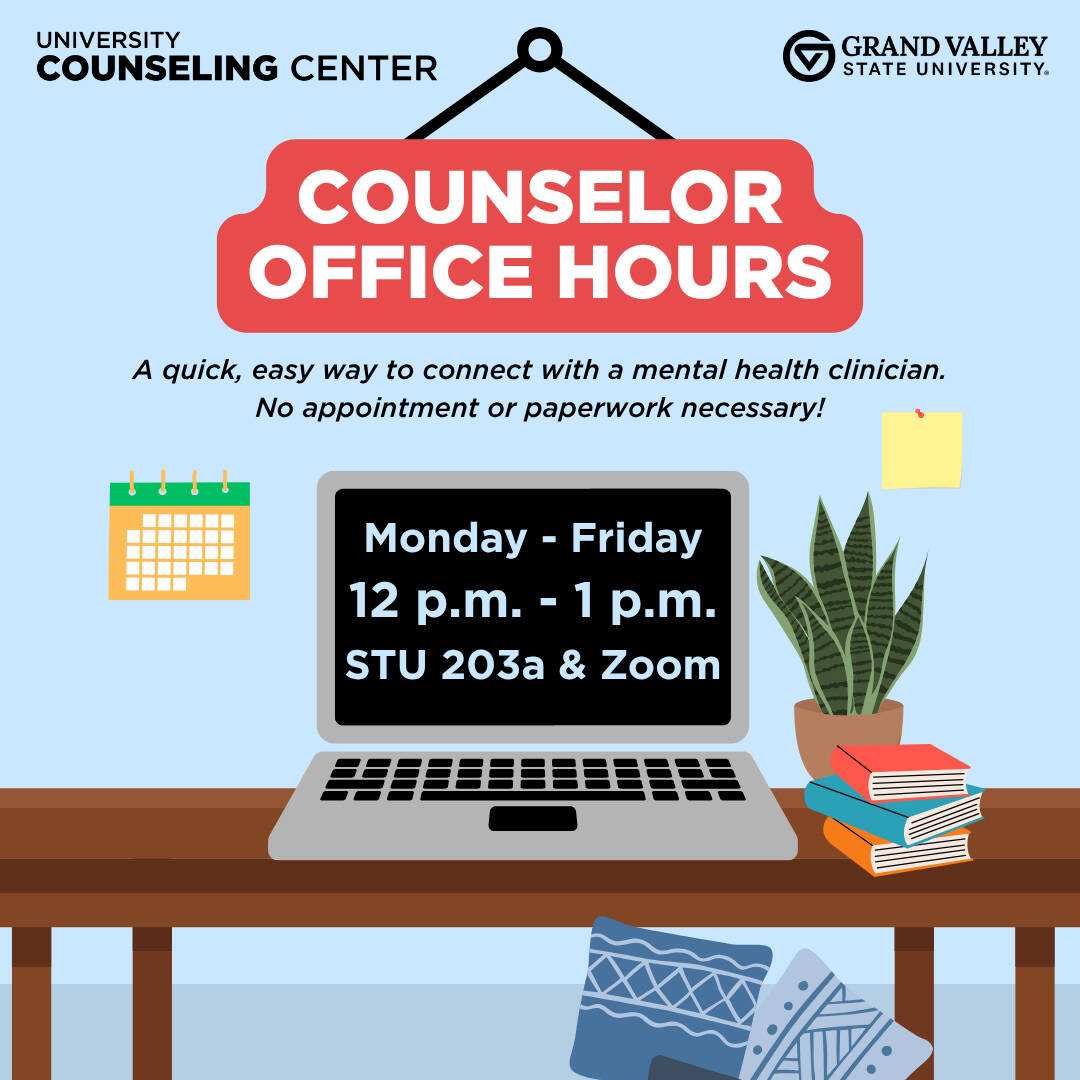 Ad for Counselor Office Hours. A laptop shows Monday-Friday, 12-1 PM, in STU 203a & Zoom on top of a desk with plant and books.